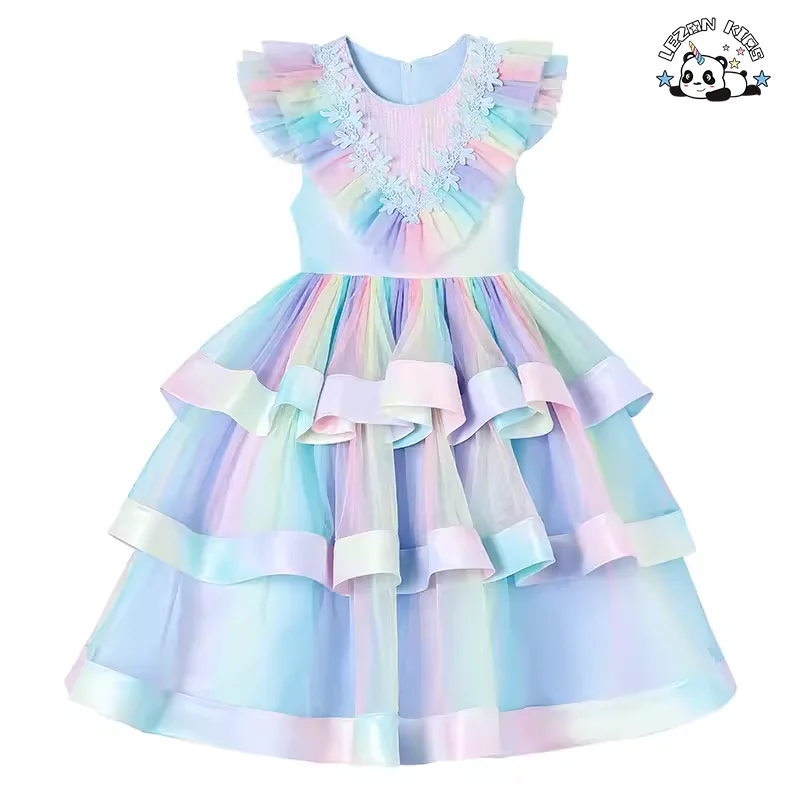 LEZONKIDS - Explosão de Novos Produtos Vestido Infantil de Tecido Arco-íris para Meninas Roupas para Crianças Meninas